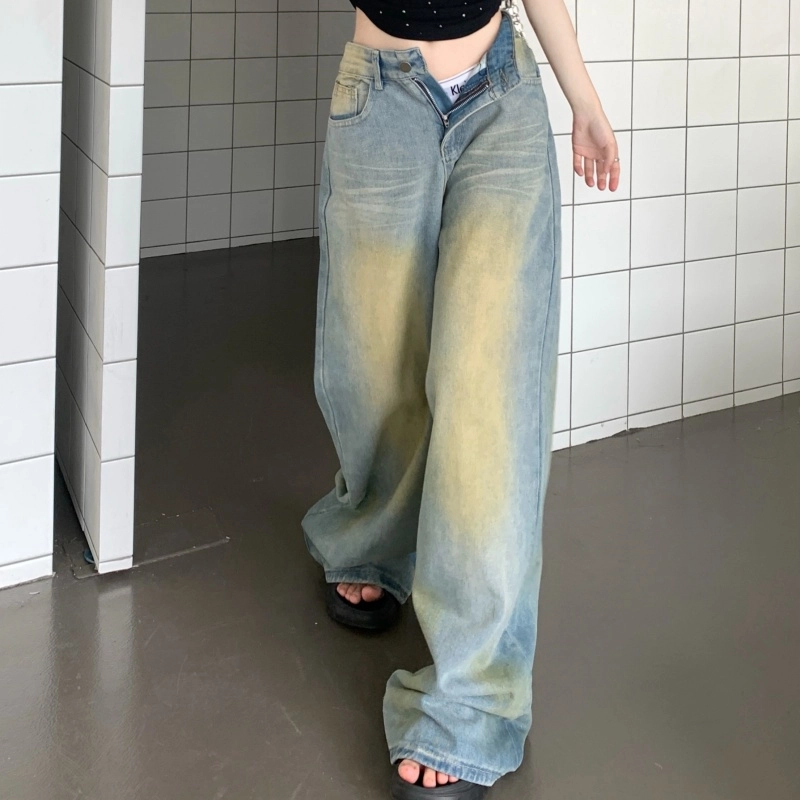 果瑱 美式复古街头慵懒风穿搭胶片感宽松高腰显瘦直筒阔腿拖地裤户外休闲出游牛仔裤 女款