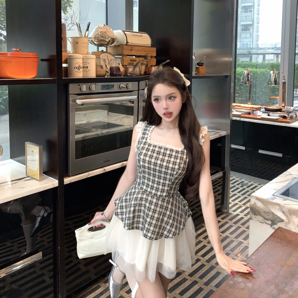 果瑱 轻盈蓬蓬性感舒适修身显瘦魔法秘境时尚潮流小个子法式气质优雅格子仙淑女简约百搭气质休闲吊带连衣裙 女款