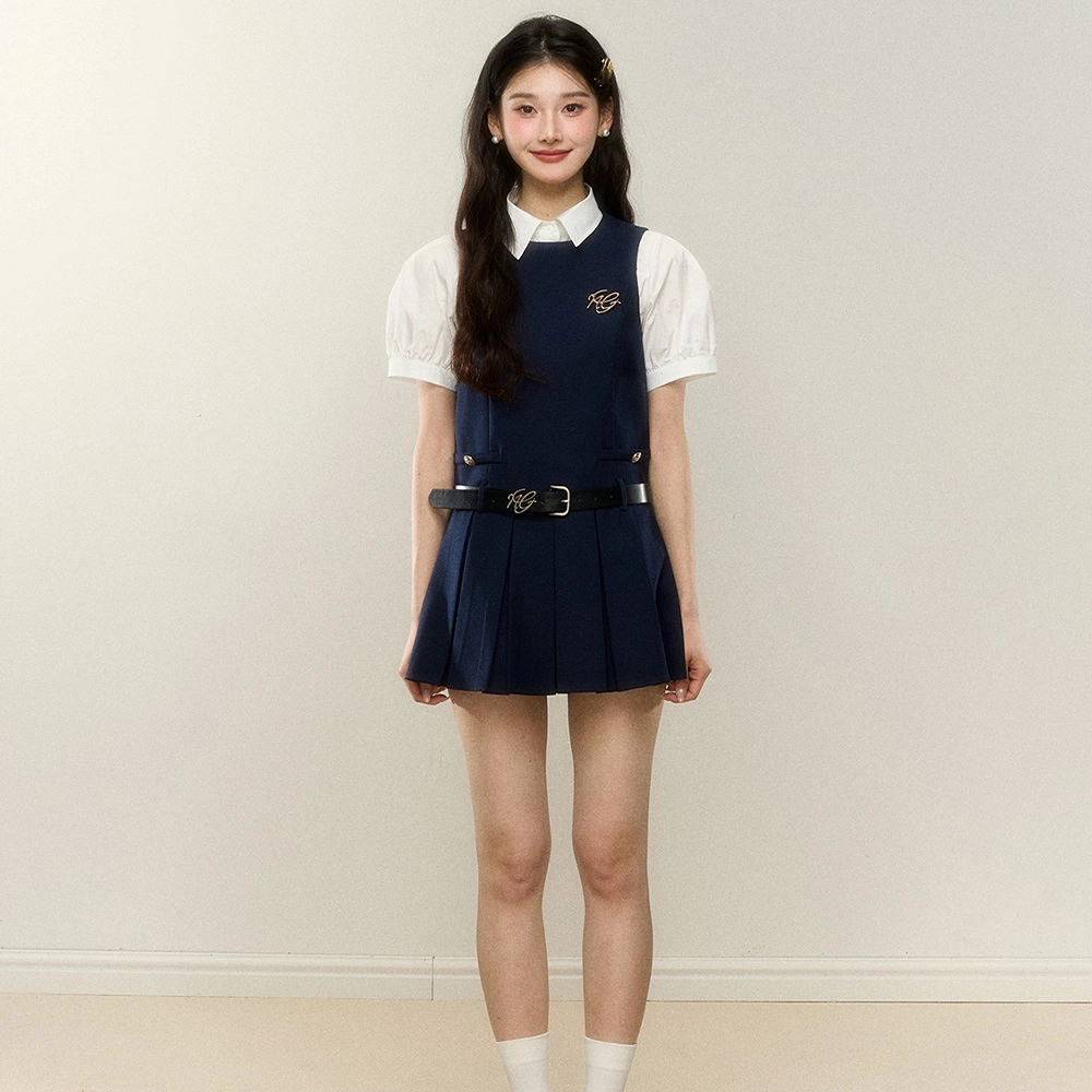 果瑱 学院风韩系美式复古时高级设计感小众氛围感百搭白色收腰衬衫短袖上衣无袖百褶裙两件套裙装套装 女款