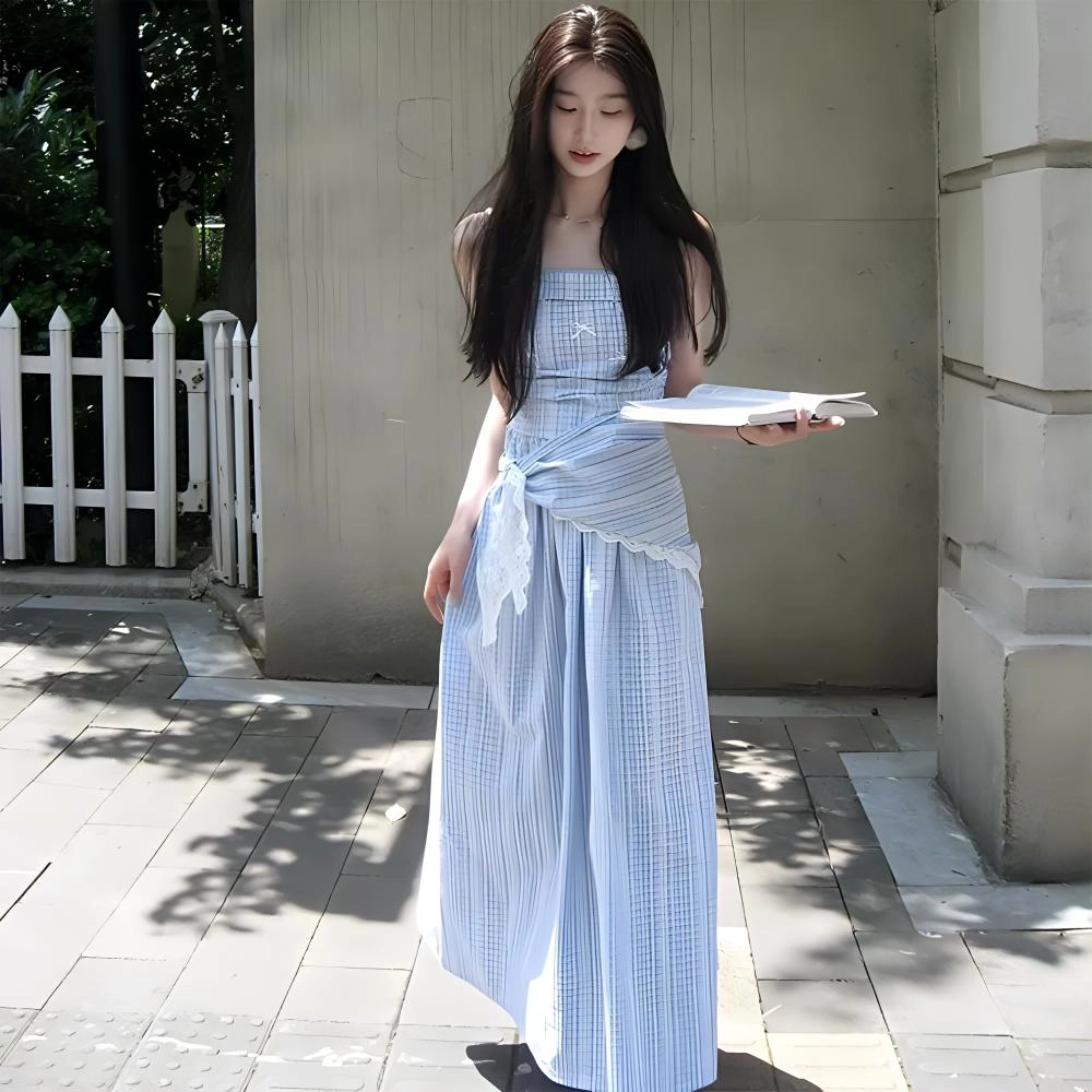 果瑱 乖乖女穿搭甜美少女极简主义优雅法式清新田园风格纹蕾丝装饰收腰设计显高显白休闲度假风吊带连衣裙 女款