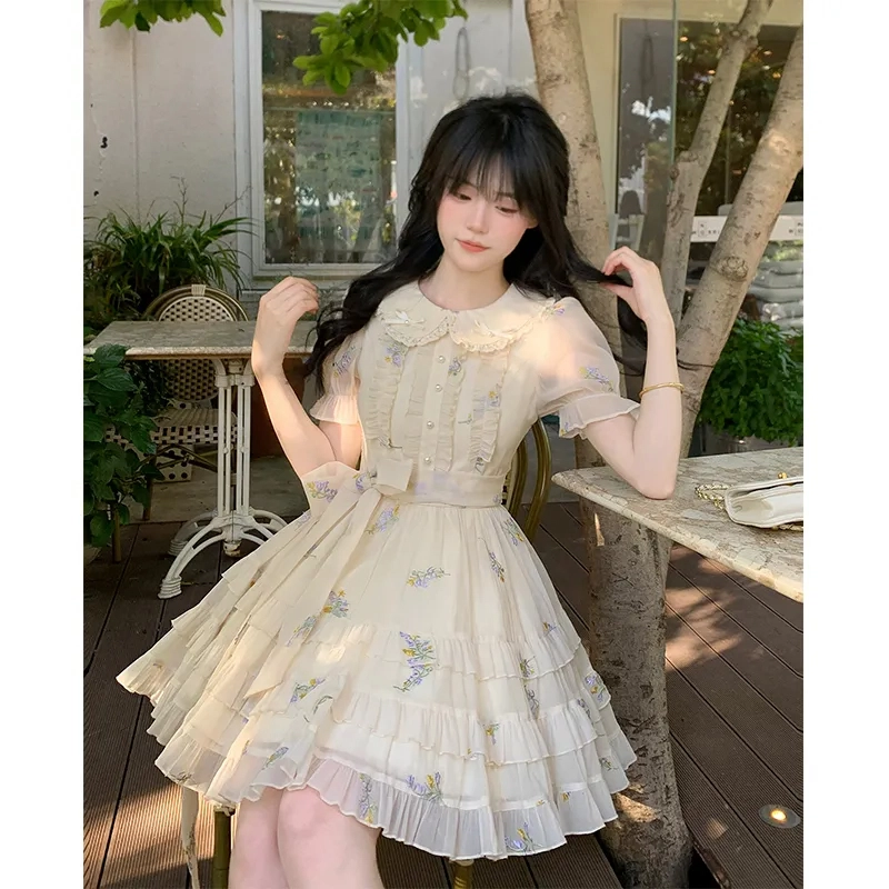 果瑱 日系可爱娃娃领碎花夏日气质甜美小个子仙女风温柔浪漫初恋收腰显瘦高级设计感少女裙子短袖连衣裙 女款