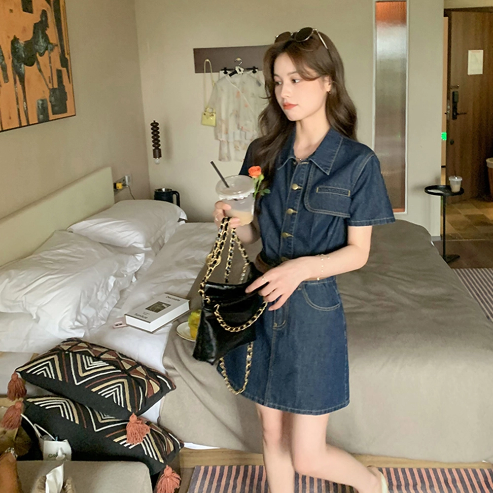 果瑱 学院风小众设计感元气少女穿搭气质舒适时尚纯色清新简约休闲显瘦百搭短袖连衣裙 女款
