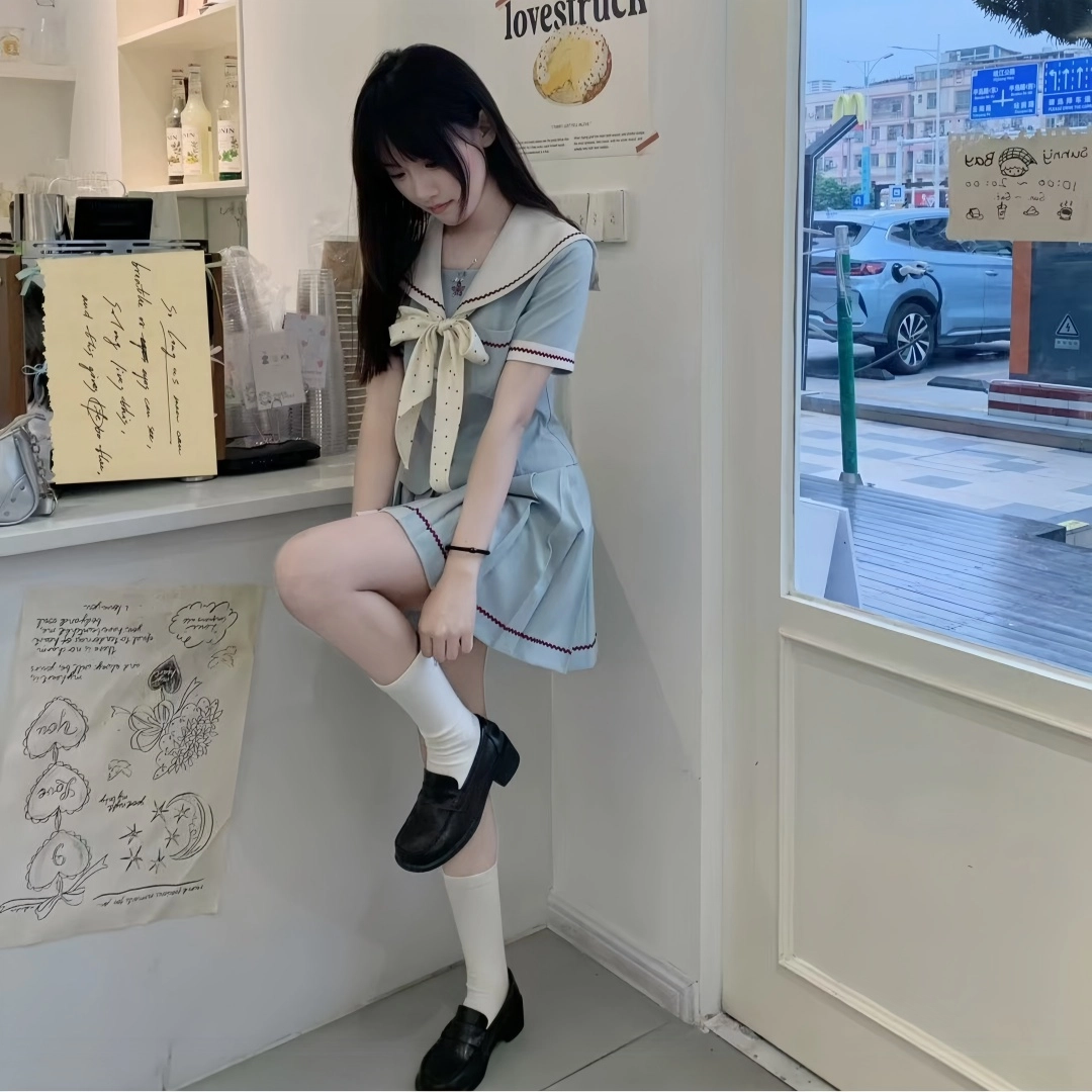 果瑱 学院风小众设计感海军领上衣短袖高腰百褶裙裙装套装 女款