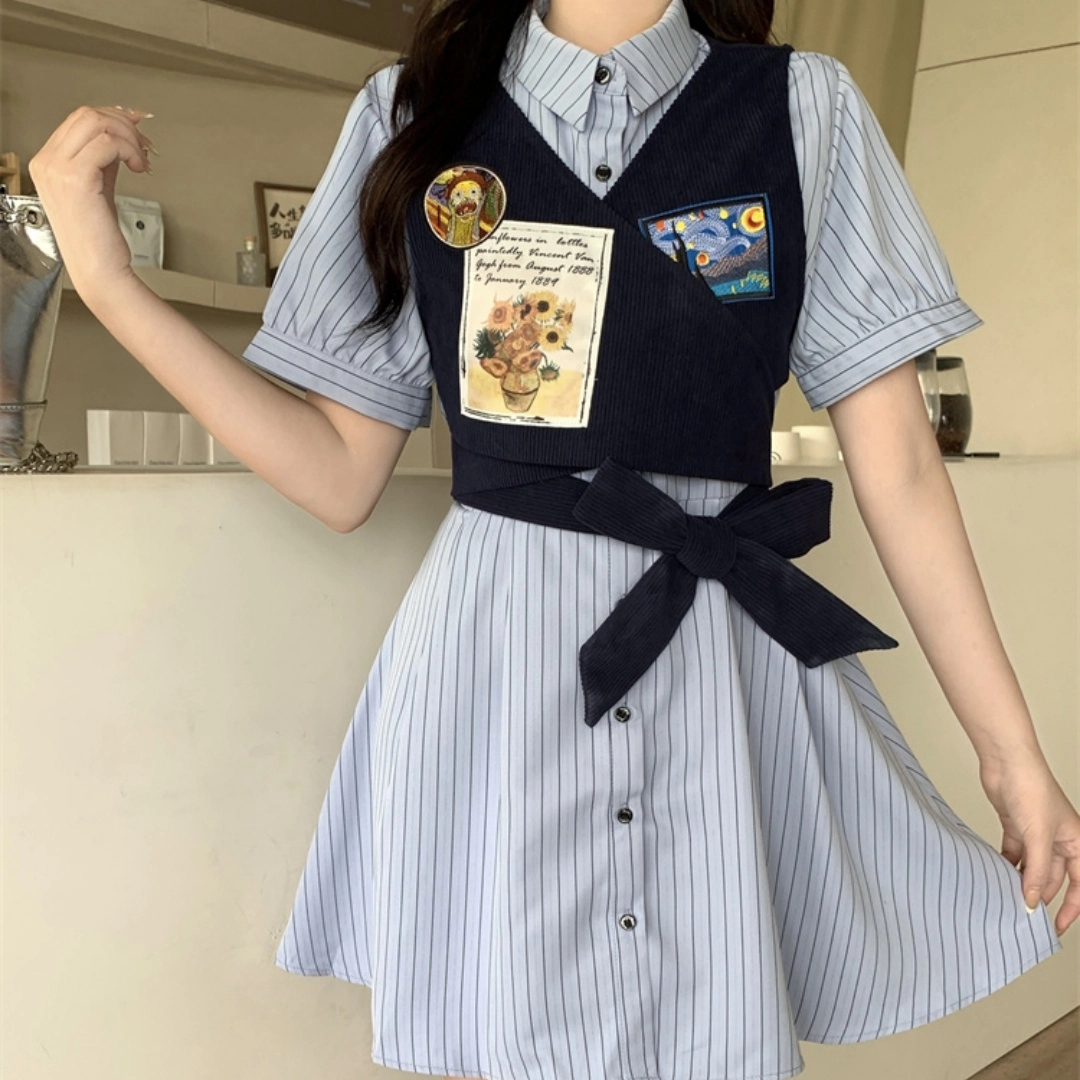 果瑱 学院风小众设计感日常出游绑带设计感马甲上衣气质甜美短袖连衣裙 女款