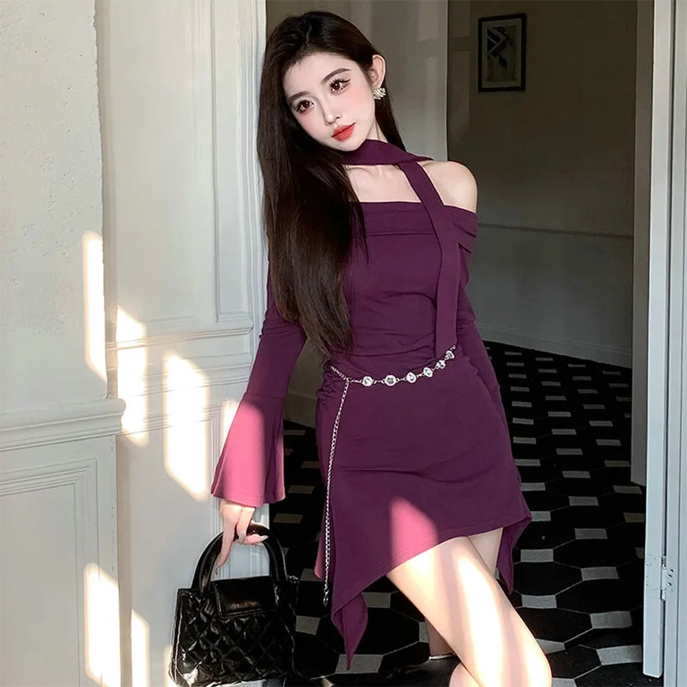 果瑱 法式气质一字领抹胸设计感长袖连衣裙 女款