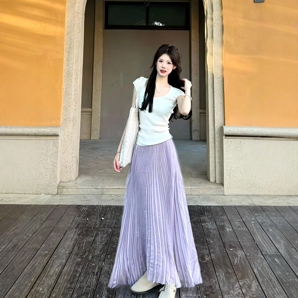 果瑱 修身短袖针织衫紫色温柔风甜美纯欲浪漫小清新初恋清纯超仙纱半身裙高腰显瘦简约大方小香风裙装套装 女款