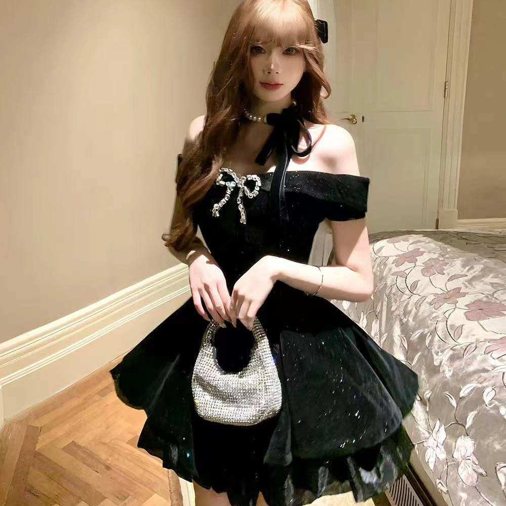 果瑱 文艺风法式时尚轻奢感高级感小礼服气质丝绒蓬蓬裙优雅短裙夏季短袖连衣裙 女款 黑色
