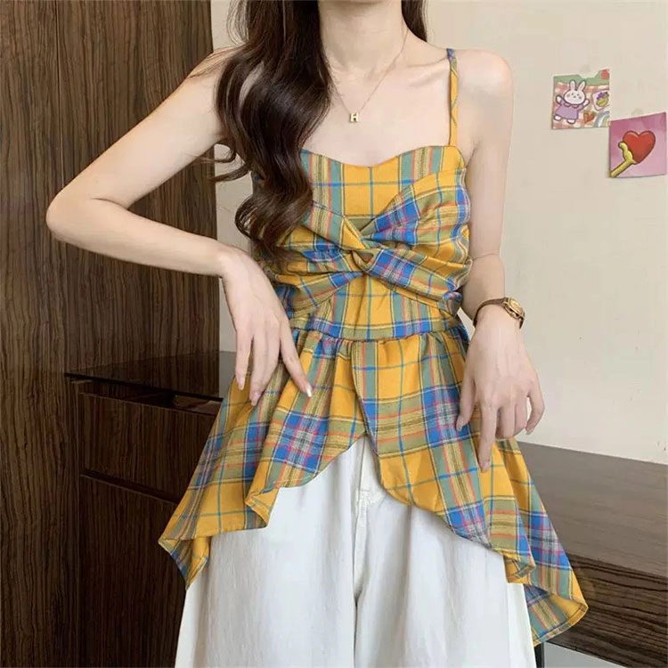 果瑱 百搭洋气不规则撞色格子可爱甜美简约日常通勤美式复古百搭时尚舒适气质优雅吊带连衣裙 女款