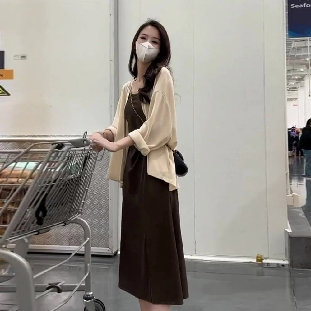 果瑱 法式复古纯色长袖开衫高腰吊带连衣裙裙装套装 女款