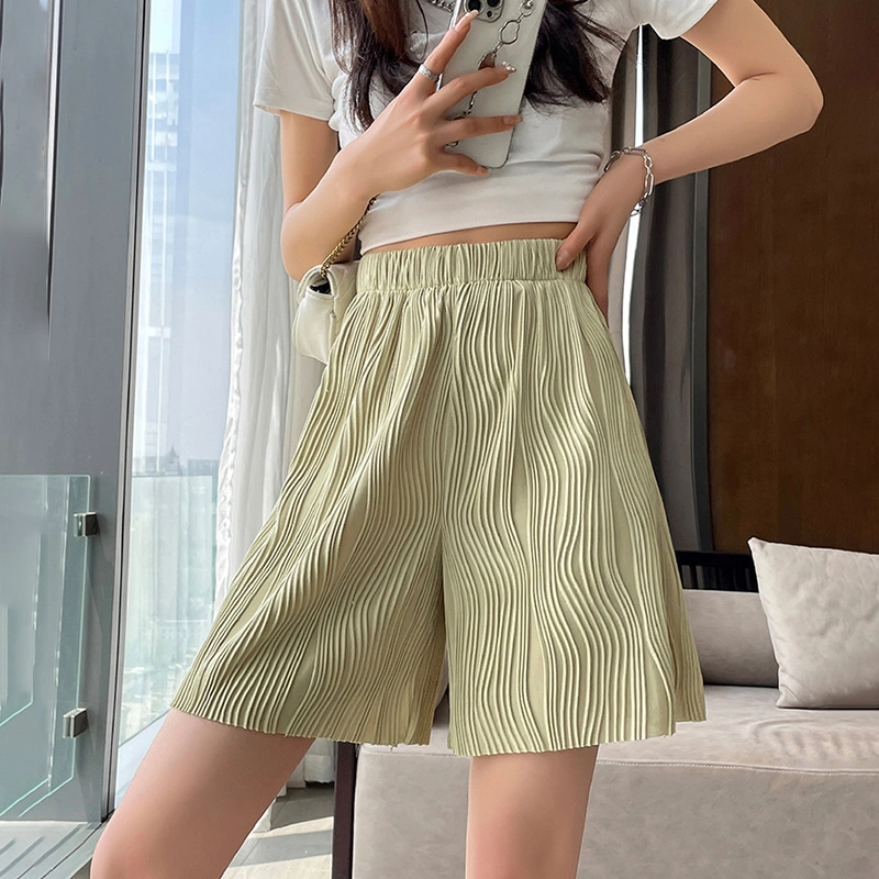美力城 高腰水波纹褶皱美式宽松慵懒复古纯色阔腿裤垂坠直筒百搭休闲短裤 女款