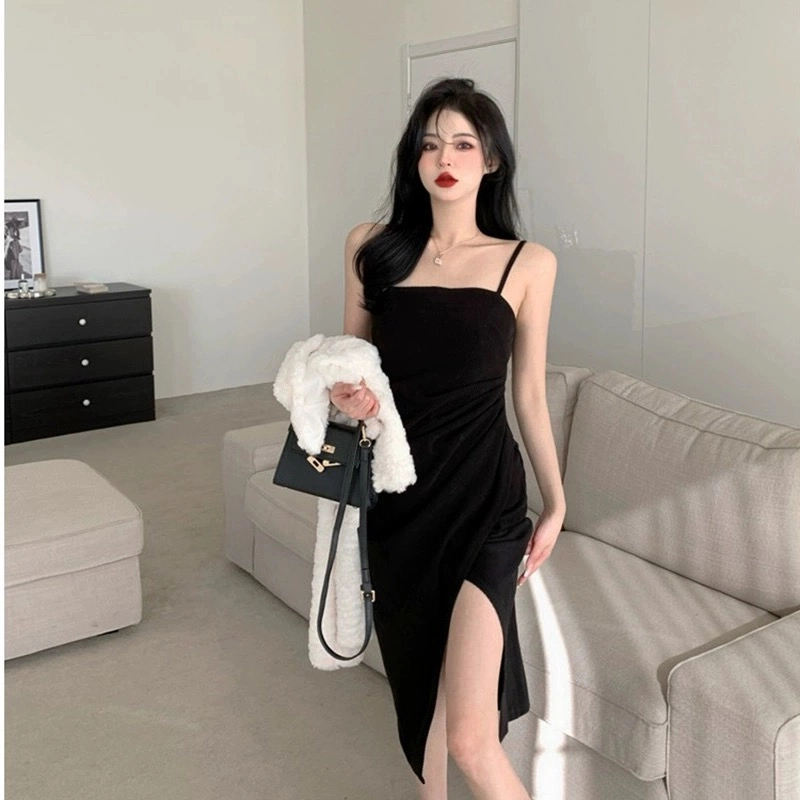 美力城 美式性感纯欲辣妹修身褶皱高腰开衩长款包臀可调节吊带连衣裙 女款