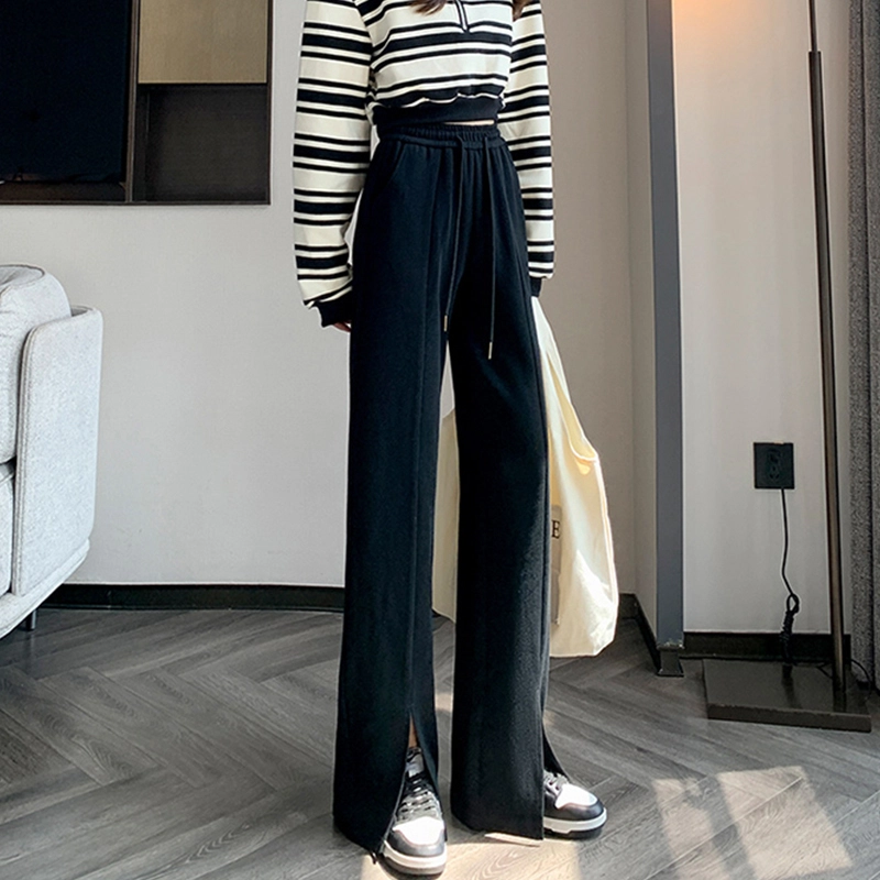 美力城 美式高街纯色高腰开叉设计感宽松阔腿裤子日常通勤舒适百搭慵懒风修身直筒休闲裤 女款