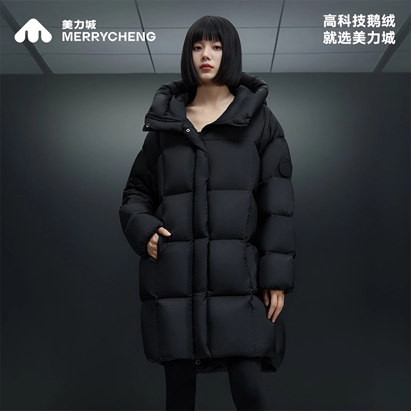 美力城 时尚潮流三防面料轻暖泡芙白鹅绒户外极寒宽松百搭舒适保暖中长款连帽羽绒服 男女同款