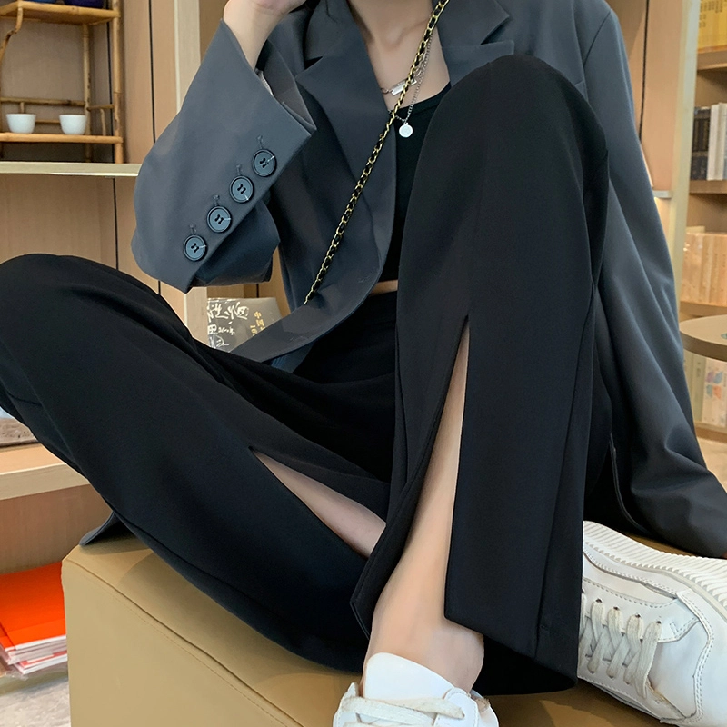 美力城 美式高街纯色高腰褶皱垂感高级感阔腿裤冰丝凉感开叉直筒显瘦休闲裤 女款