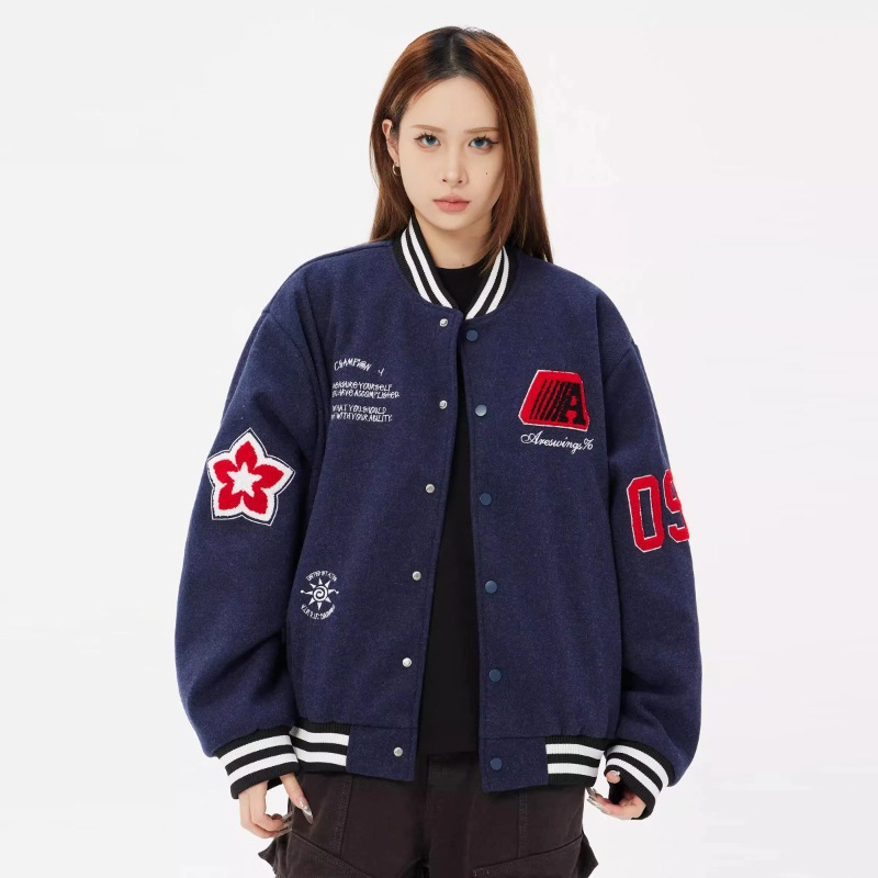 美式徽章拼接撞色宽松休闲棒球服 男女同款