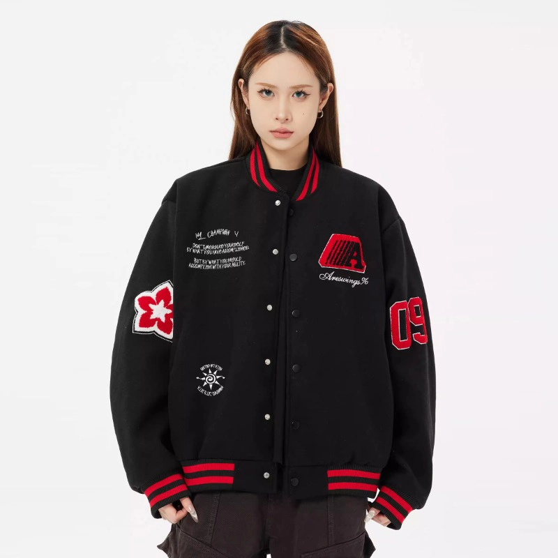 美式徽章拼接撞色宽松休闲棒球服 男女同款