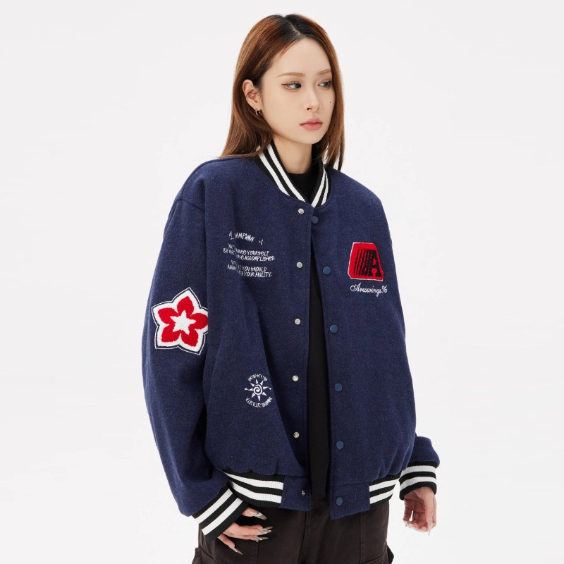 美式徽章拼接撞色宽松休闲棒球服 男女同款