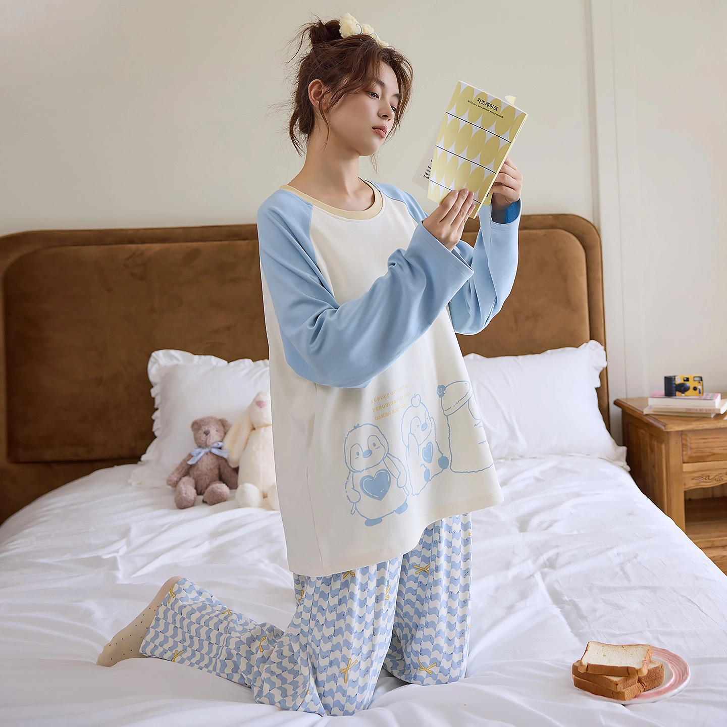 桔内 纯棉可爱卡通长袖带胸垫可外穿家居休闲服 睡衣套装 女款