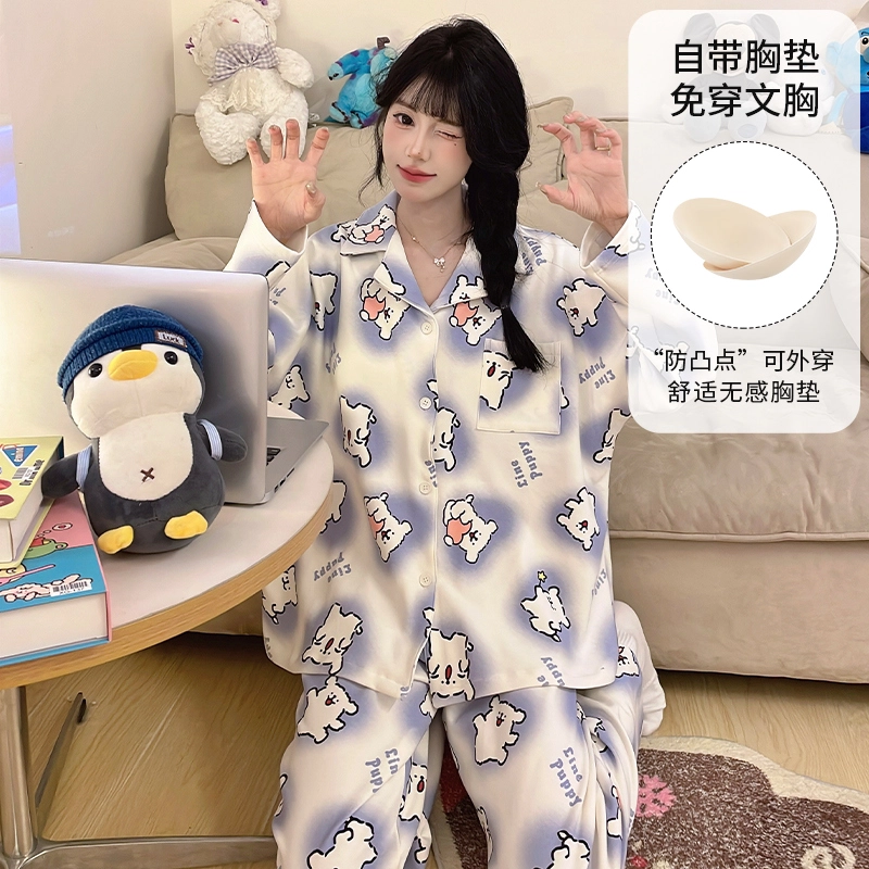 桔内 秋季纯棉带胸垫可爱卡通宽松可外穿家居服 睡衣套装 女款