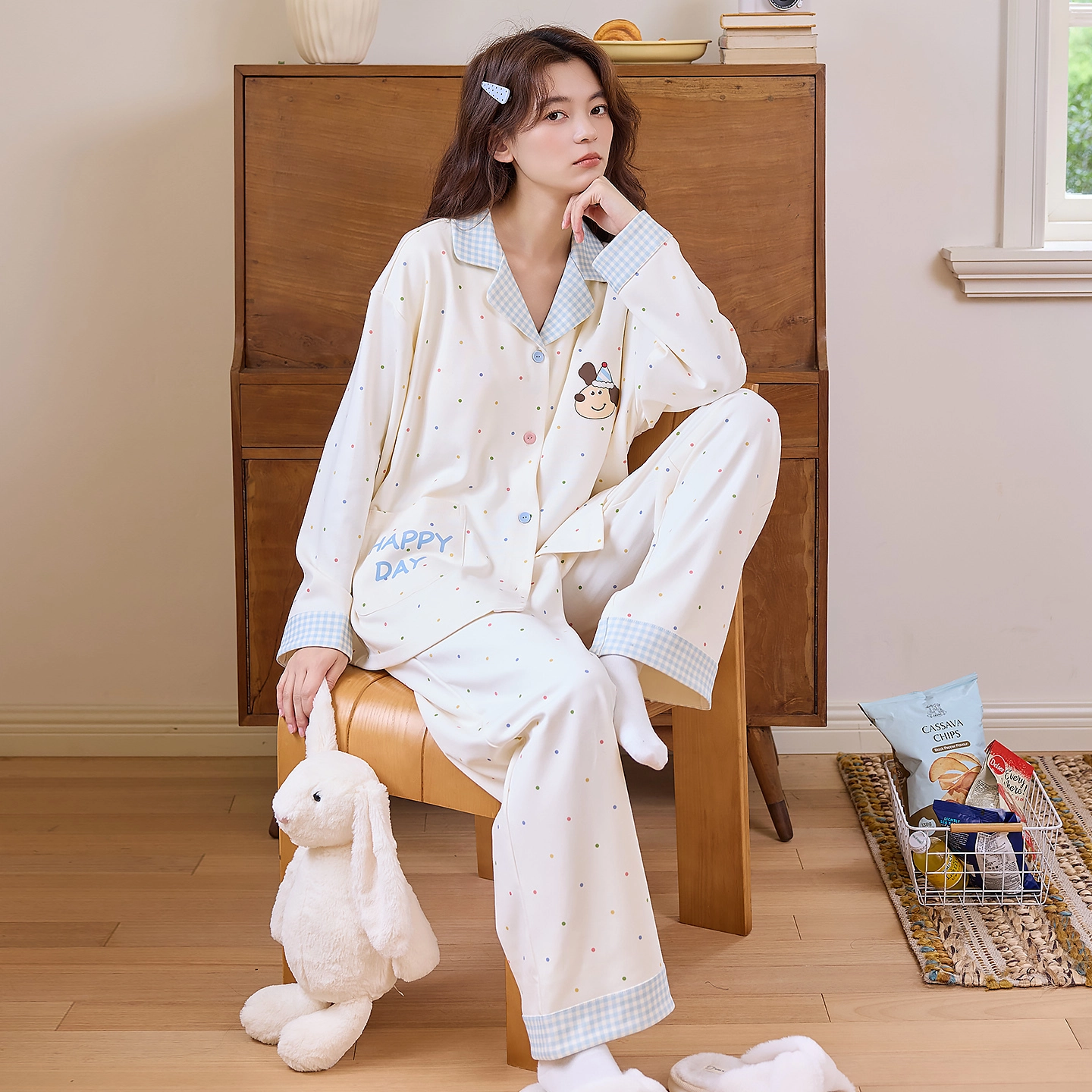 桔内 秋季纯棉长袖翻领开衫可爱波点可外穿家居服睡衣套装 女款