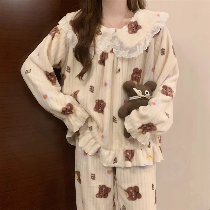 桔内 甜美风花边娃娃领可爱卡通小熊加厚保暖套头长袖睡衣套装 女款