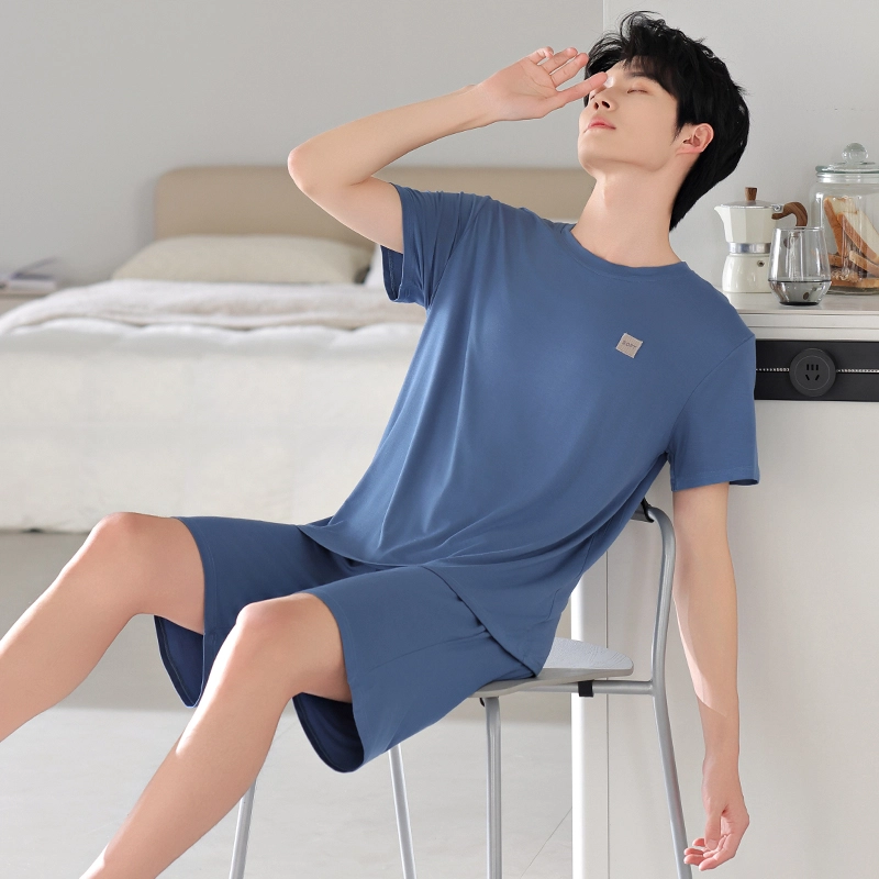 桔内 莫代尔棉薄款短袖纯色圆领短裤睡衣套装 男款