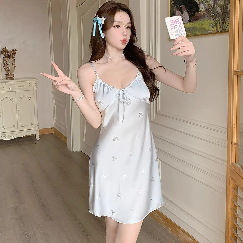 桔内 夏季 轻奢风高级感亲肤凉感带胸垫甜美冰丝薄款夏季性感吊带短裤纯欲蝴蝶结印花家居服可外穿睡衣套装 女款