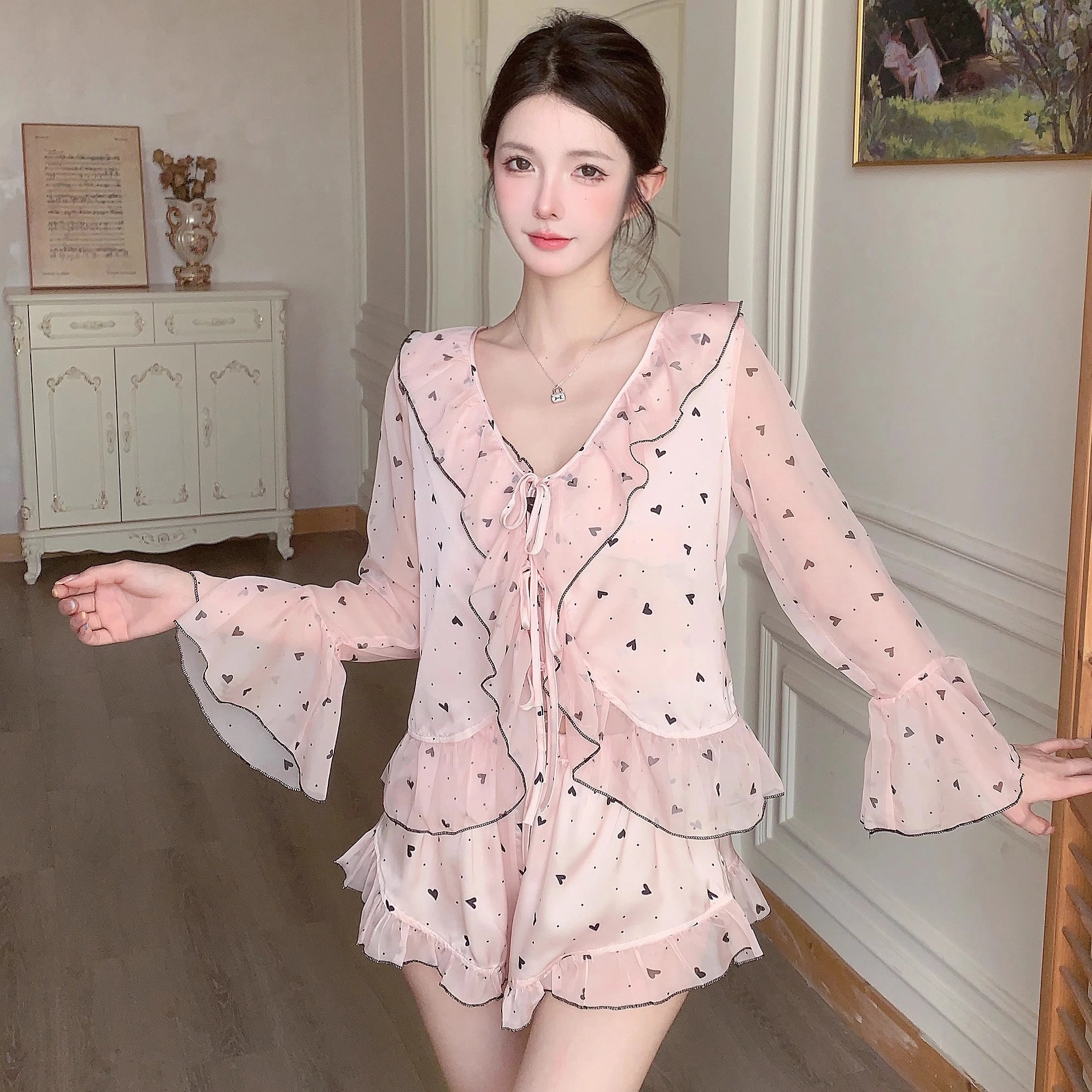 桔内 爱心碎花性感纯欲网纱睡衣套装 女款