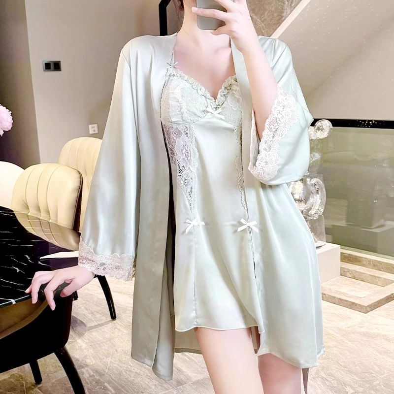桔内 法式性感纯欲风蕾丝睡裙睡袍两件套真丝露背家居服夏款睡衣套装 女款