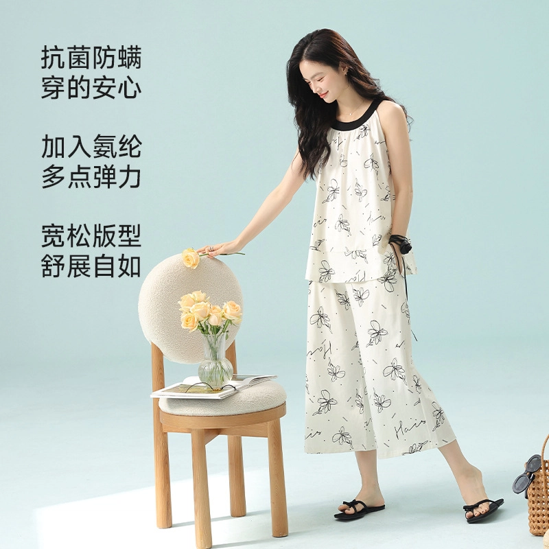 桔内 高级简约蝴蝶甜美无袖家居服透气亲肤睡裤可外穿睡衣套装 女款
