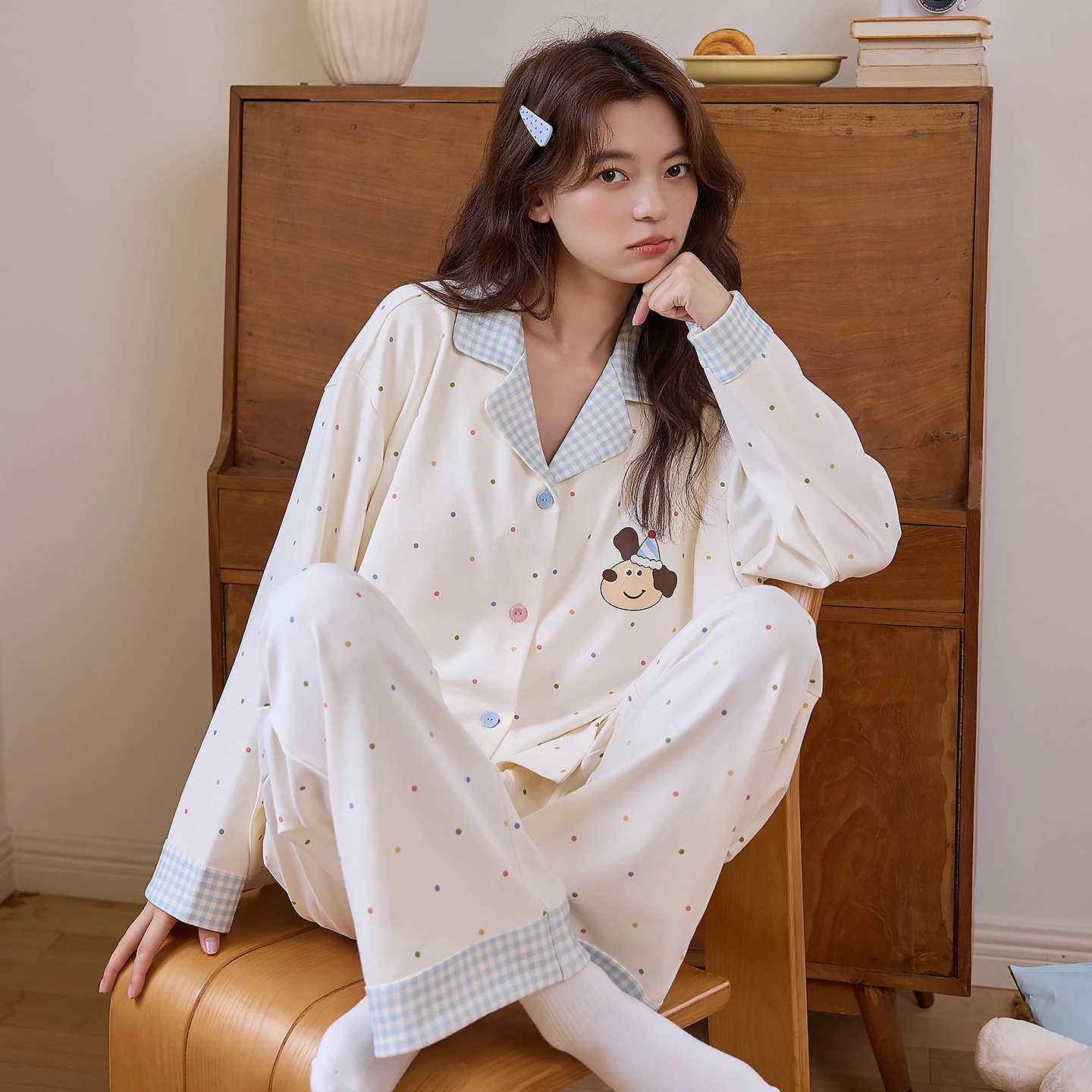 桔内 秋季纯棉长袖翻领开衫可爱波点可外穿家居服睡衣套装 女款