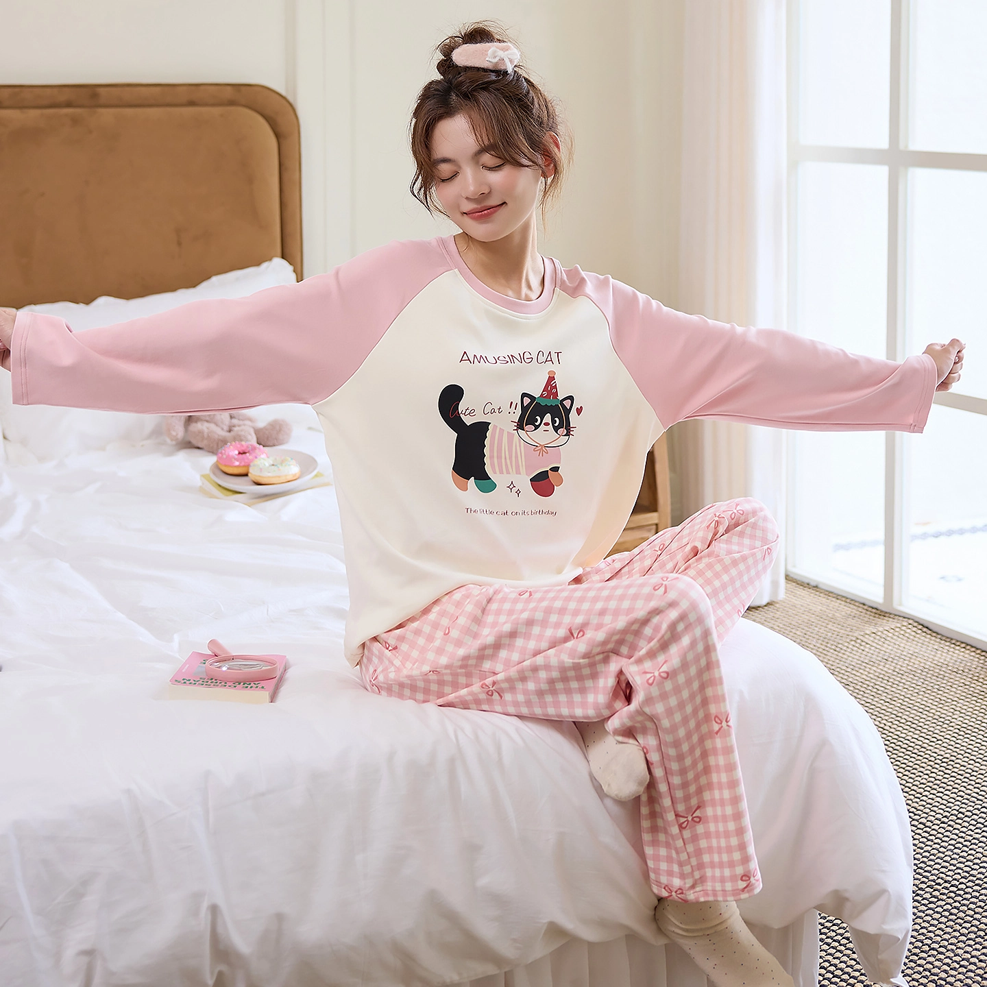 桔内 秋季纯棉带胸垫一体甜美少女风可外穿家居服 睡衣套装 女款
