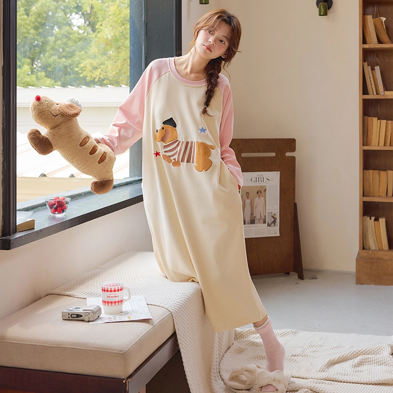 桔内 纯棉长裙长袖带胸垫可外穿卡通可爱甜美少女休闲舒适 睡裙 女款