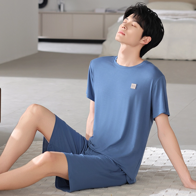 桔内 莫代尔棉薄款短袖纯色圆领短裤睡衣套装 男款