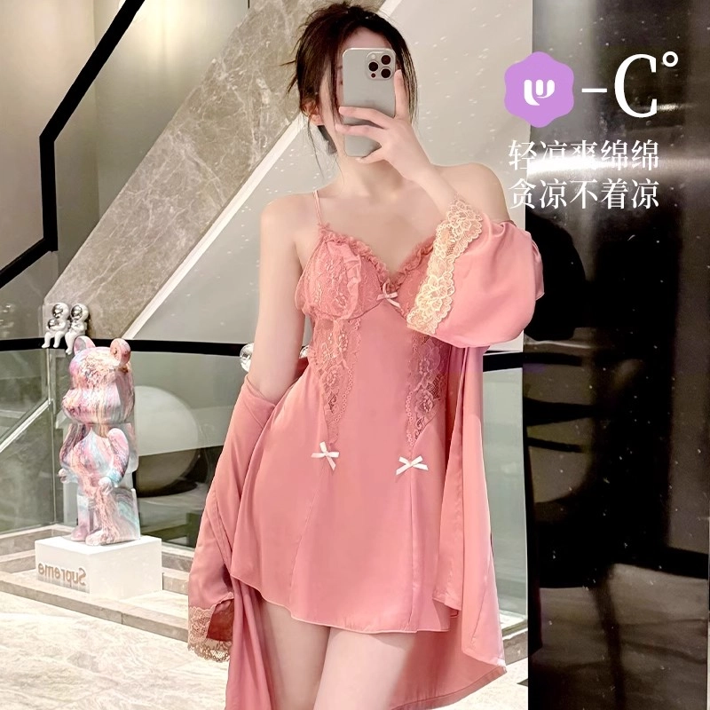 桔内 法式性感纯欲风蕾丝睡裙睡袍两件套真丝露背家居服夏款睡衣套装 女款