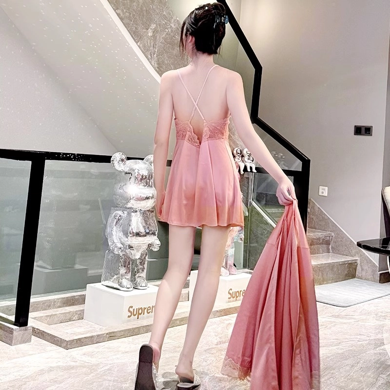 桔内 法式性感纯欲风蕾丝睡裙睡袍两件套真丝露背家居服夏款睡衣套装 女款