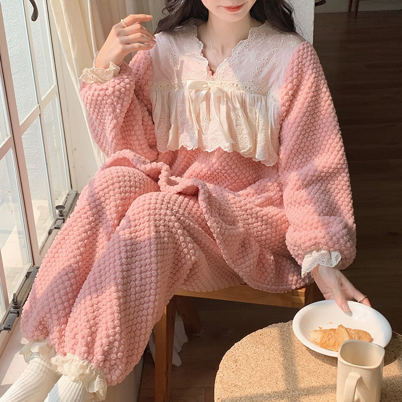桔内 亲肤舒适保暖加厚长袖长裤家居服睡衣套装 女款 粉色甜心