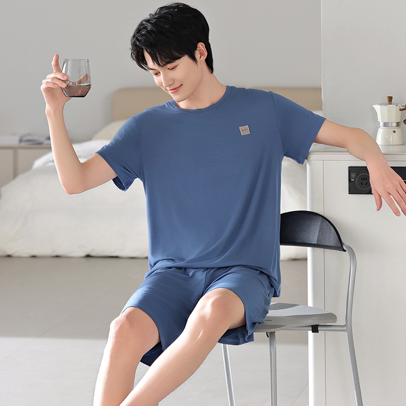 桔内 莫代尔棉薄款短袖纯色圆领短裤睡衣套装 男款