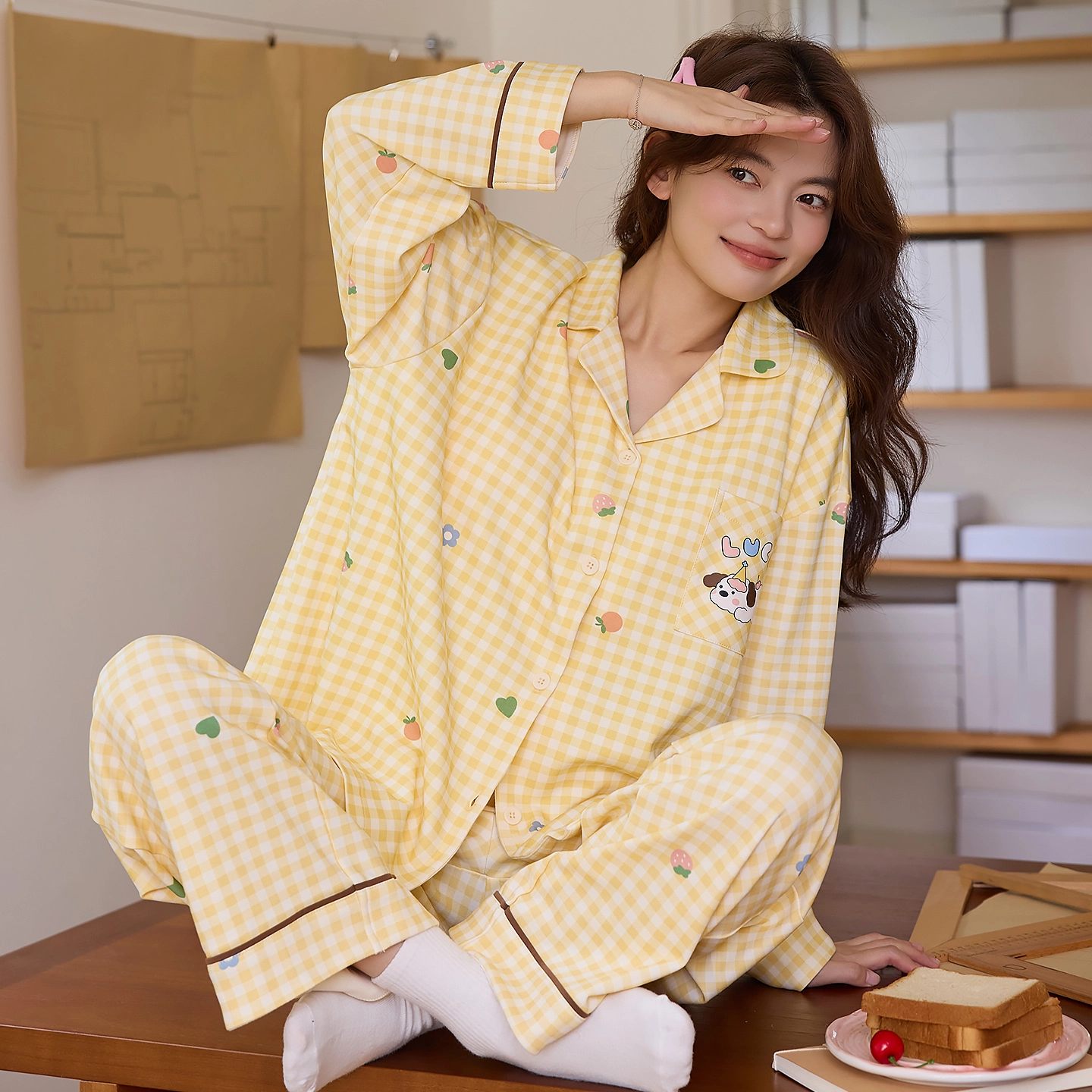 桔内 秋季纯棉开衫可爱卡通少女格子长袖家居服可外穿 睡衣套装 女款