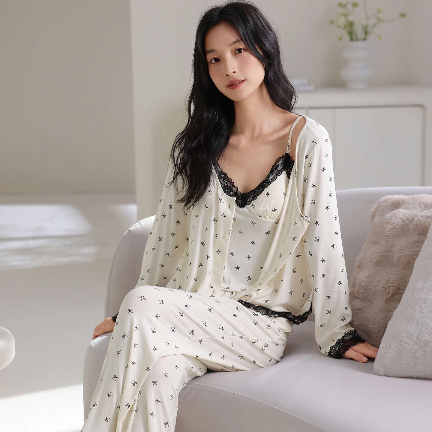 桔内 秋季纯棉带胸垫性感甜美三件套可外穿家居服睡衣套装 女款