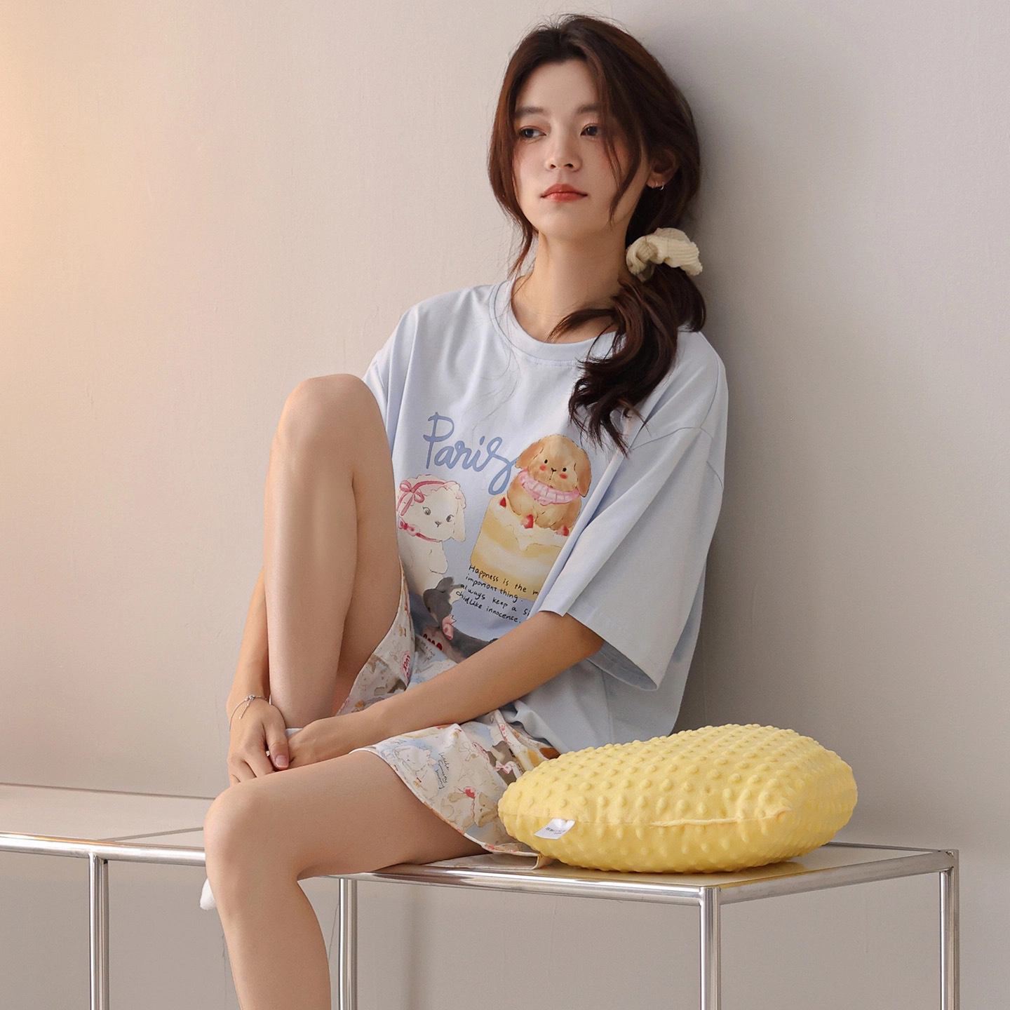 桔内 纯棉夏季薄款短袖短裤卡通夏款少女甜美可爱风家居服睡衣套装 女款
