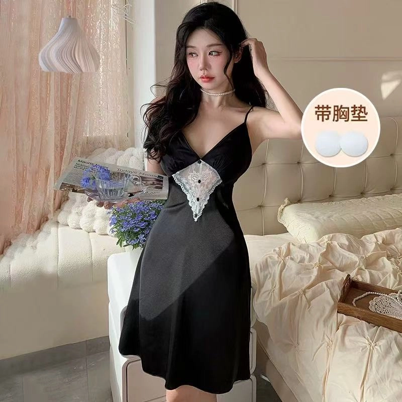 桔内 性感薄款无袖吊带露背带胸垫睡裙 女款 礼袋装 黑色