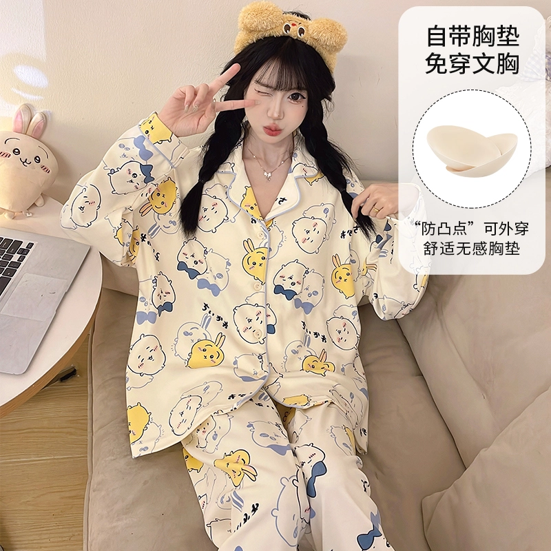 桔内 秋季纯棉卡通甜美舒适休闲带胸垫可外穿家居服 睡衣套装 女款