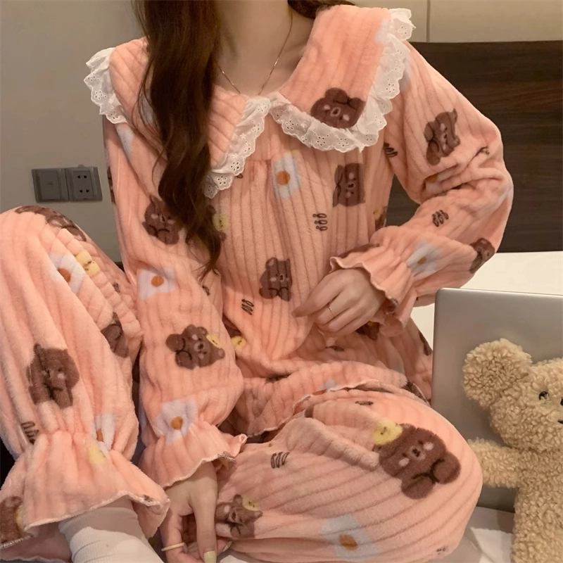 桔内 甜美风花边娃娃领可爱卡通小熊加厚保暖套头长袖睡衣套装 女款