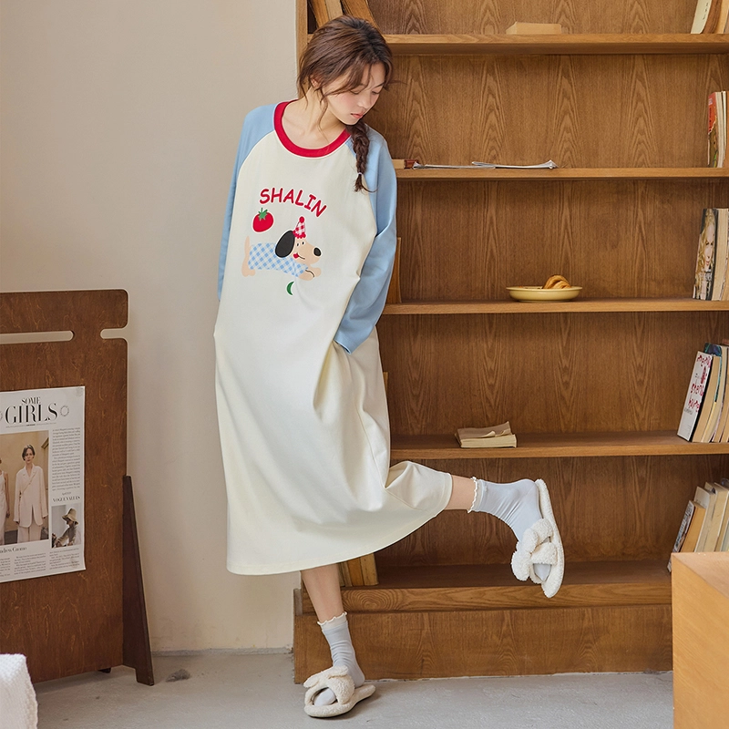 桔内 纯棉可爱卡通中长款长袖带胸垫可外穿家居服睡裙 女款