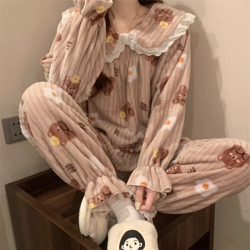 桔内 甜美风花边娃娃领可爱卡通小熊加厚保暖套头长袖睡衣套装 女款