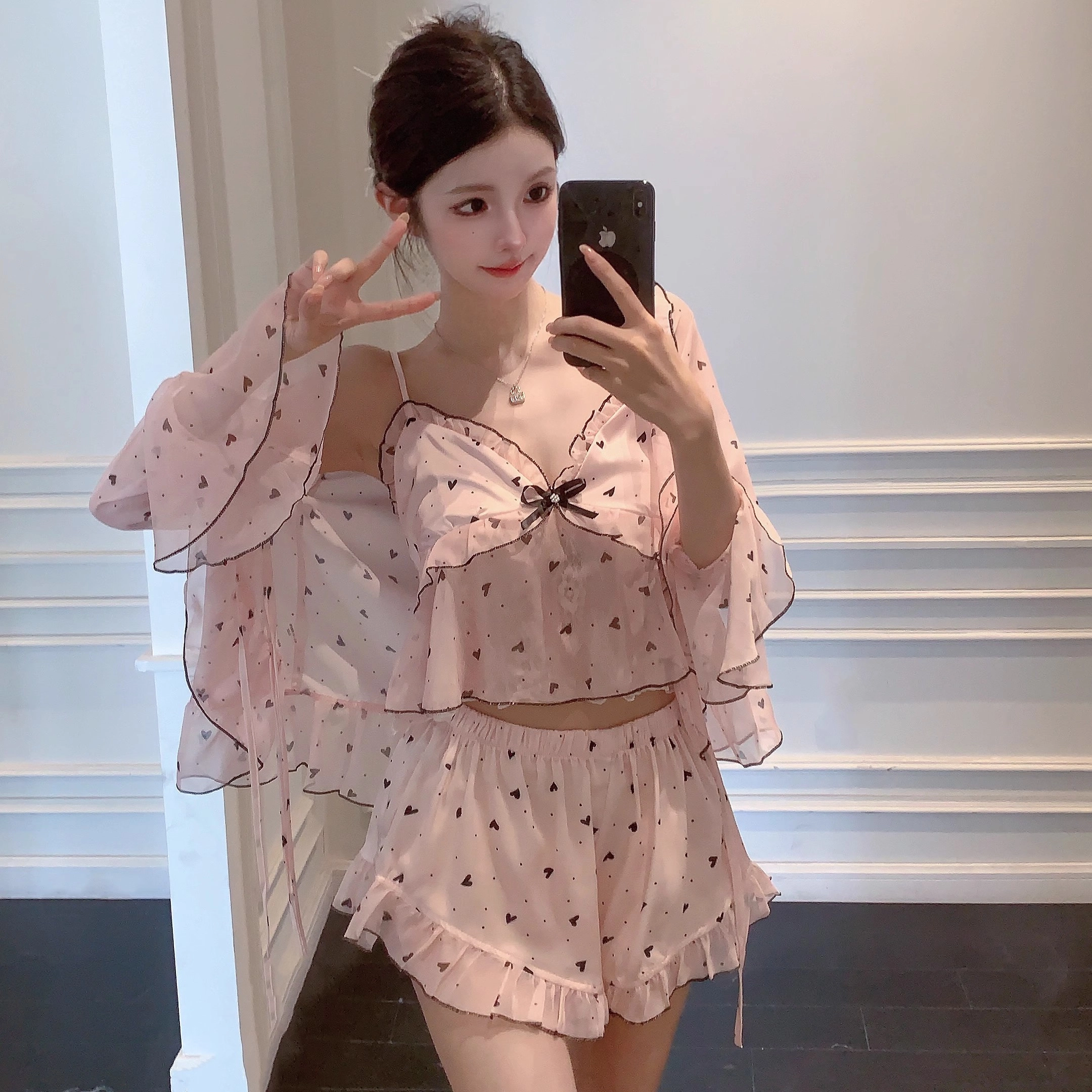 桔内 爱心碎花性感纯欲网纱睡衣套装 女款