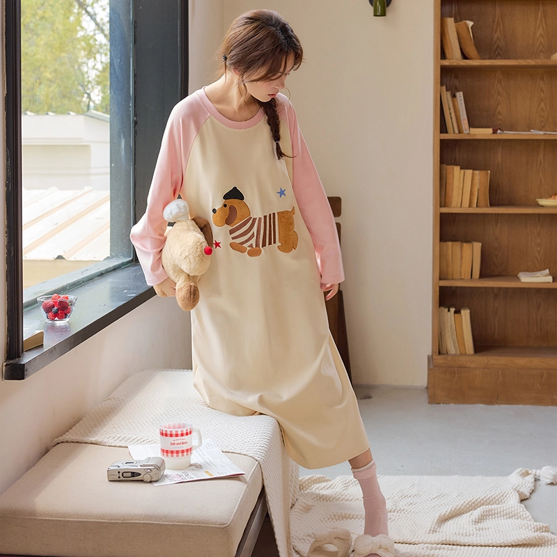 桔内 纯棉长裙长袖带胸垫可外穿卡通可爱甜美少女休闲舒适 睡裙 女款