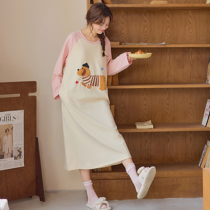桔内 纯棉长裙长袖带胸垫可外穿卡通可爱甜美少女休闲舒适 睡裙 女款