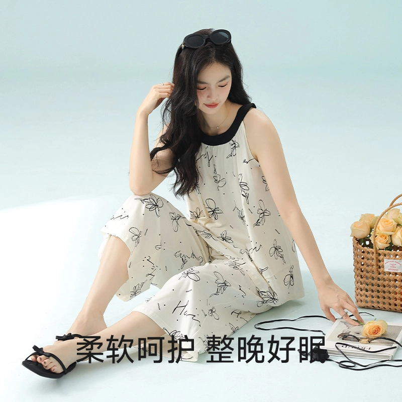 桔内 高级简约蝴蝶甜美无袖家居服透气亲肤睡裤可外穿睡衣套装 女款